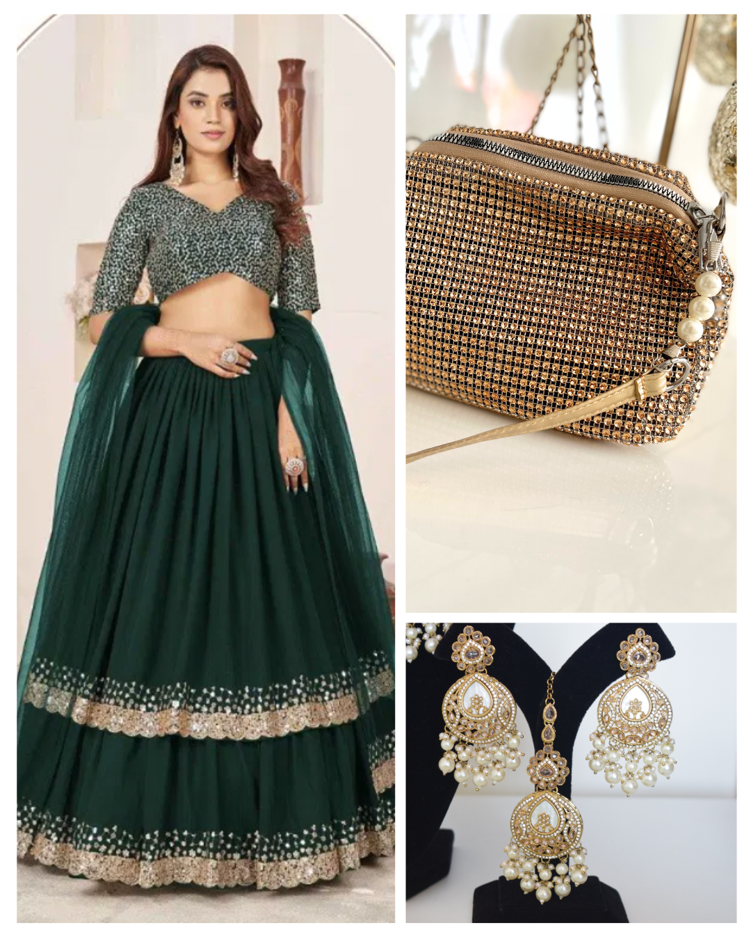 On rent - FULL SET | Sunehri Green Lehenga Set