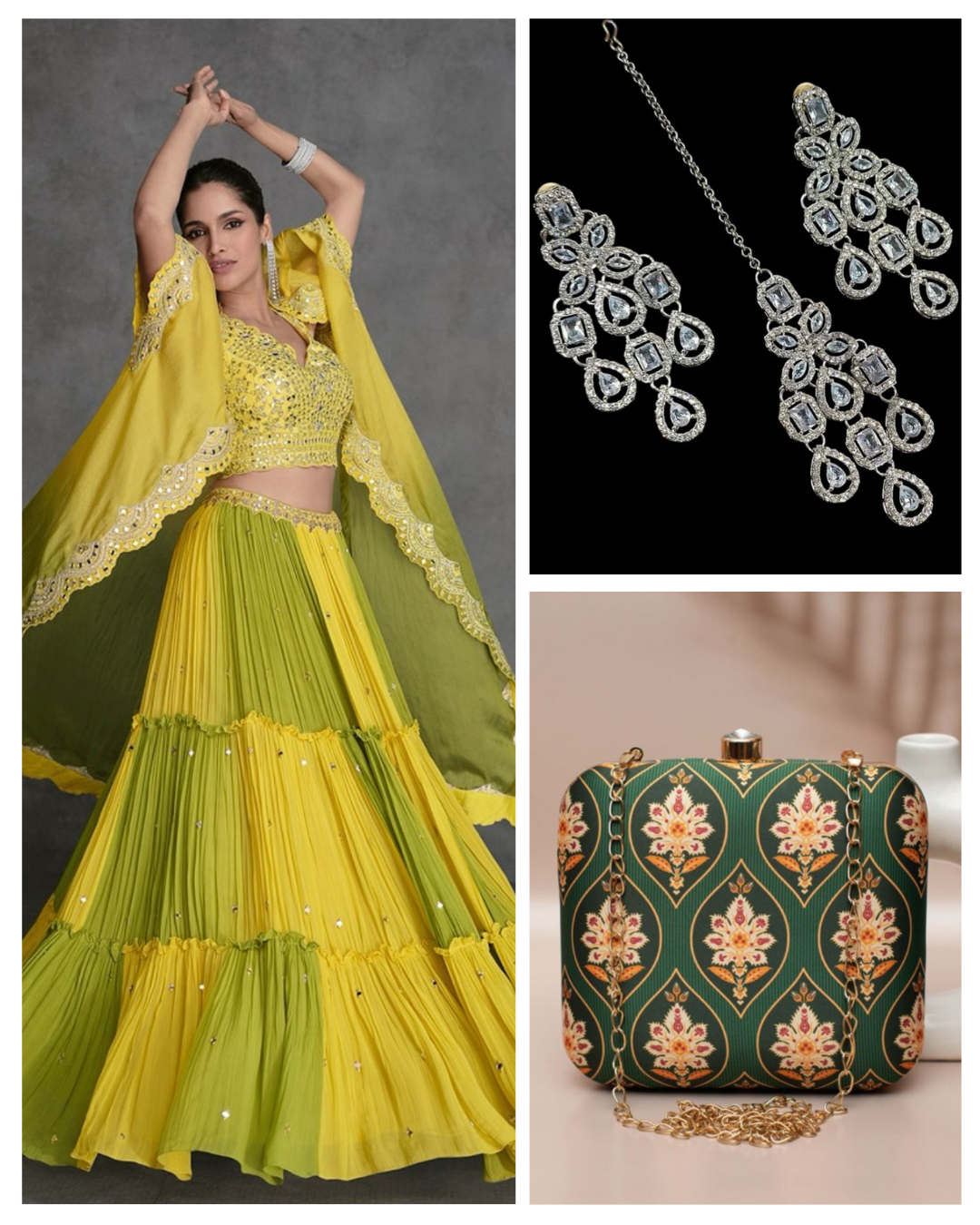 On rent - Matrut  | Mehendi Fusion Flair Green-Yellow Trio Set