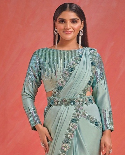 Matrut  | 1 min Saree Sea Green Fab