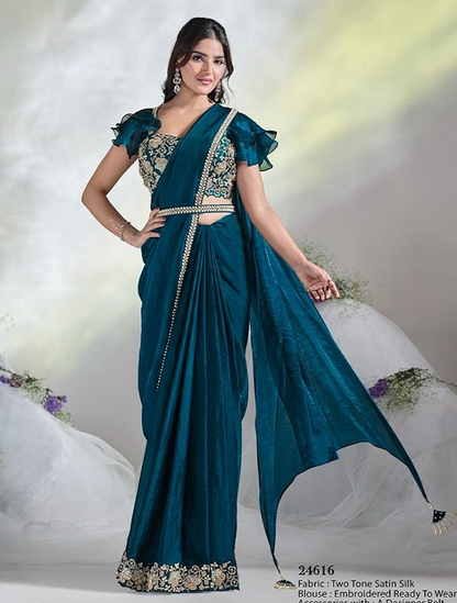 Matrut  | 1 min Saree Teal Blue Fab