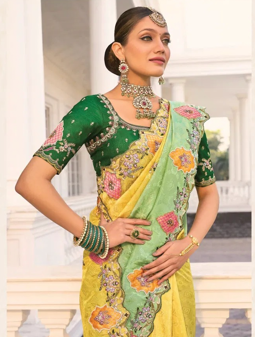 Matrut | Shahi Mijaz Green Yellow Saree