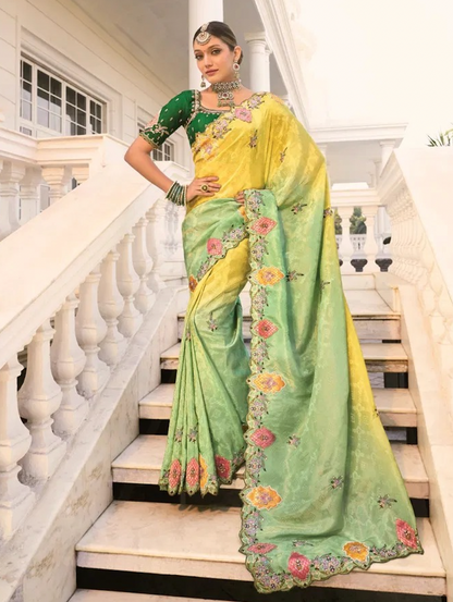 Matrut | Shahi Mijaz Green Yellow Saree