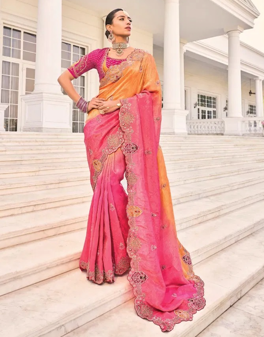 Matrut | Shahi Mijaz Pink Yellow Saree