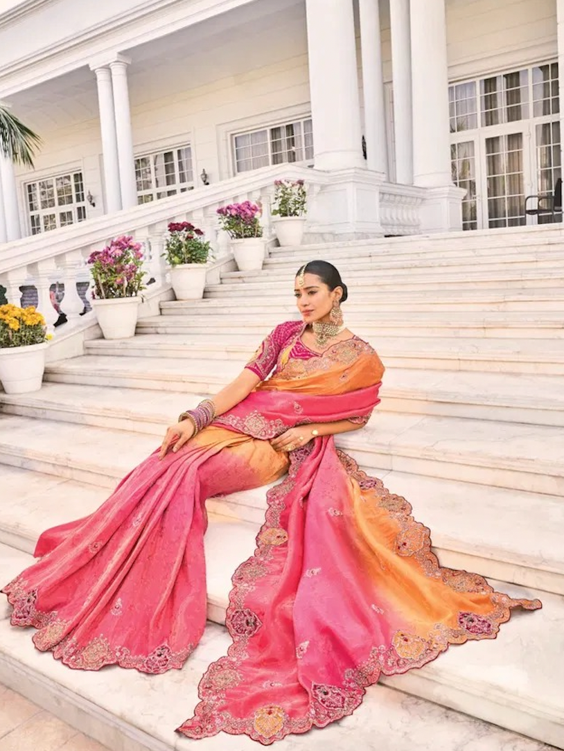 Matrut | Shahi Mijaz Pink Yellow Saree
