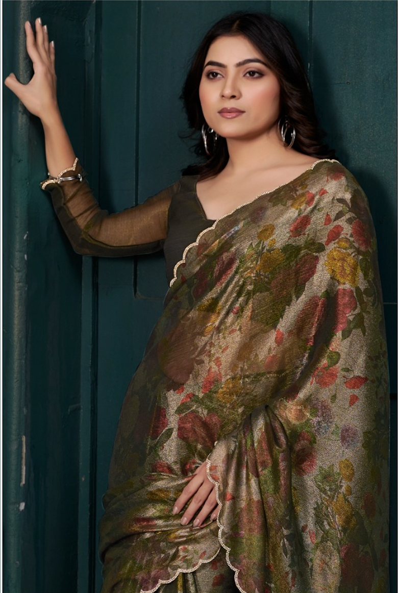 Matrut | Two Tone Floral Olive Green Saree