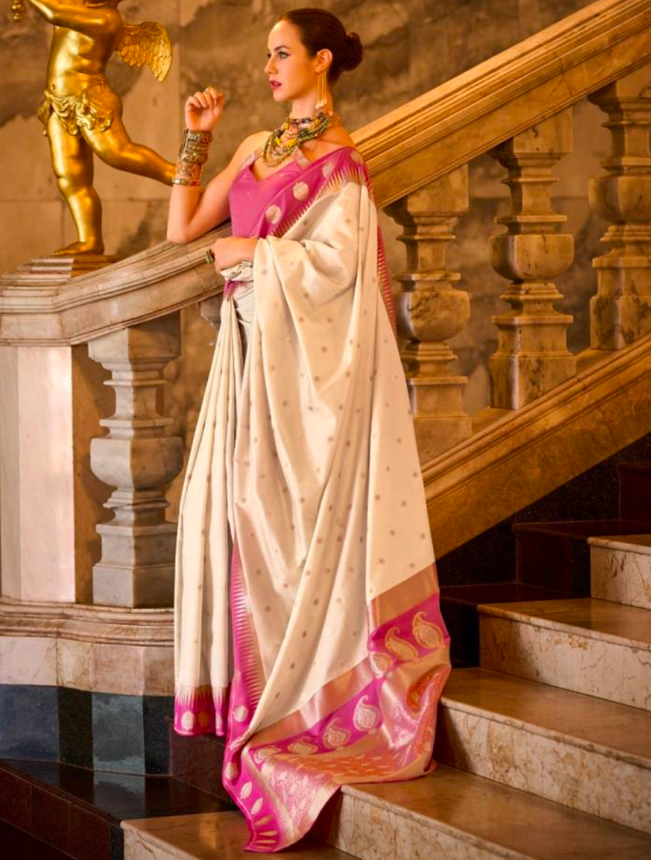 Matrut | Velvi Banarsi White & Pink  Saree