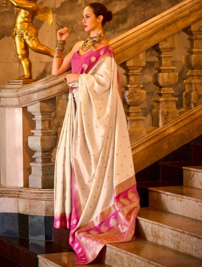 Matrut | Velvi Banarsi White & Pink  Saree