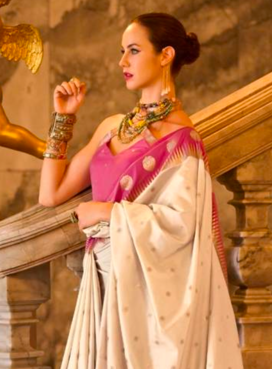 Matrut | Velvi Banarsi White & Pink  Saree