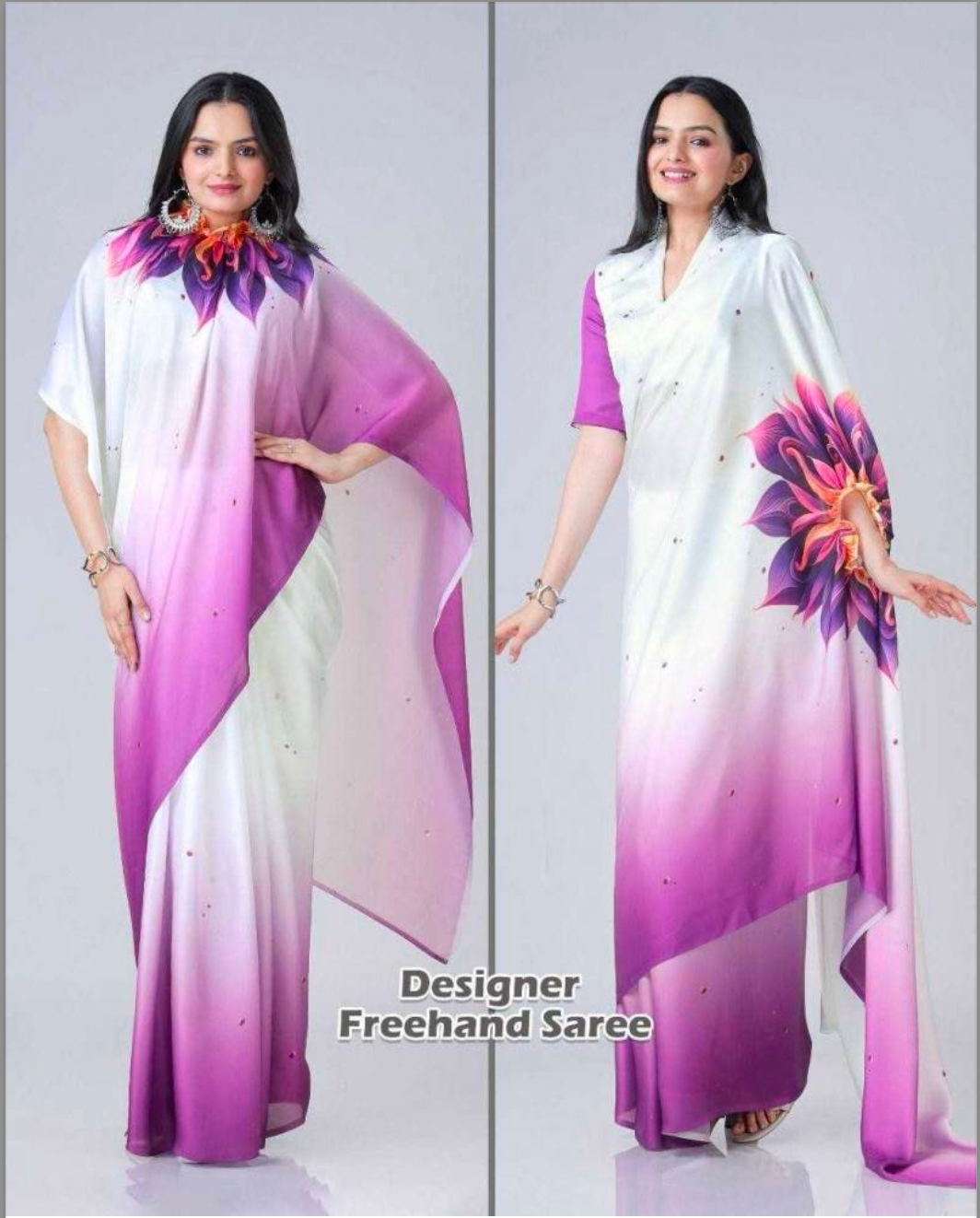 Matrut  |  Soft Blush White Purple Freehand Saree