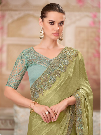 Matrut | Silver Screen Glass Green Shimmer Saree