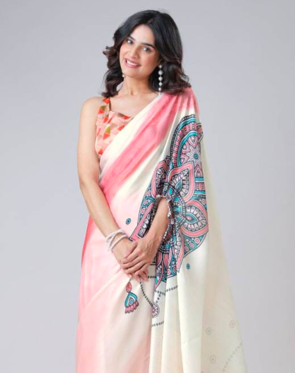 Matrut  |  Soft Blush Pink Stripe Freehand Saree