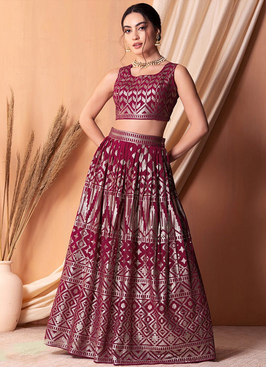 Matrut | Amber Blaze Wine Lehenga