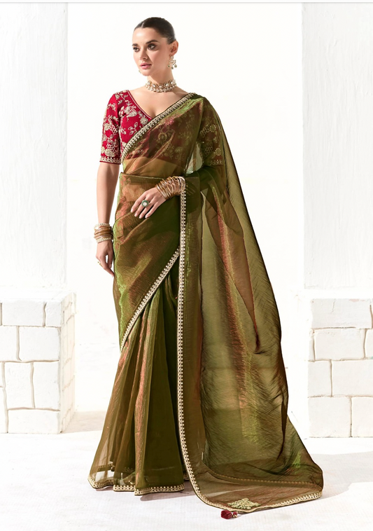 Matrut |  Cherry Chant Olive Green Saree