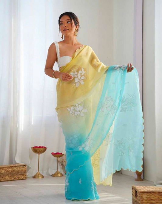 Matrut | Daydream Drift Yellow-Blue Saree