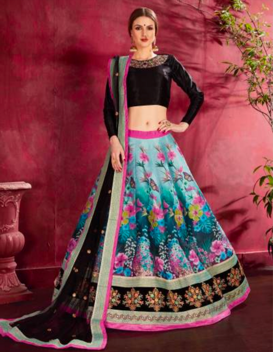 Matrut | Carnations Black-Blue Multicolor Lehenga