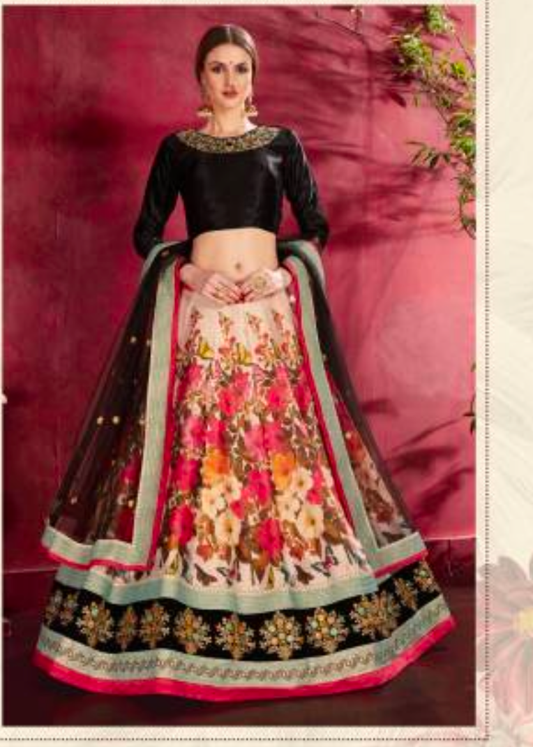 Matrut | Carnations Black-Red Multicolor Lehenga