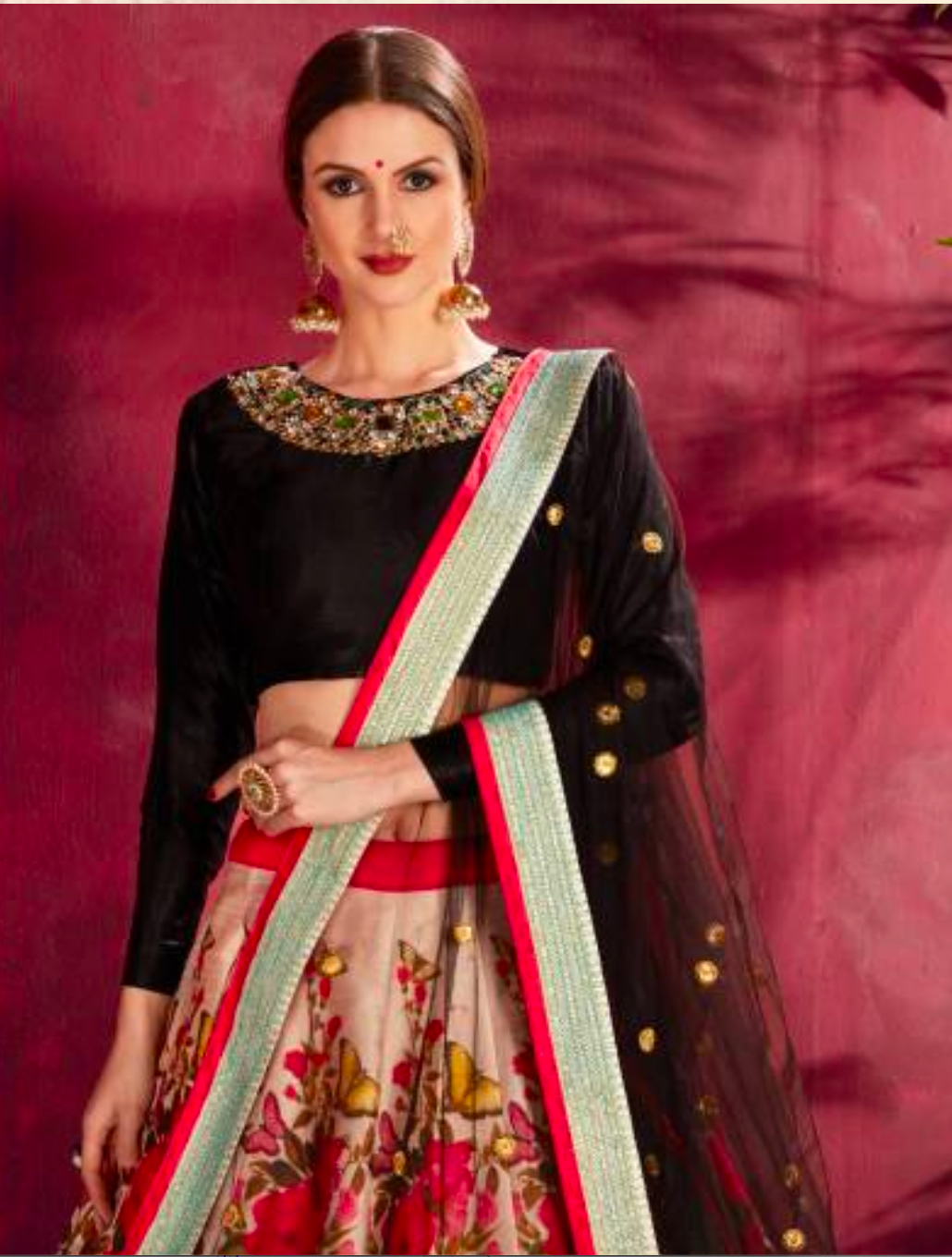 Matrut | Carnations Black-Red Multicolor Lehenga