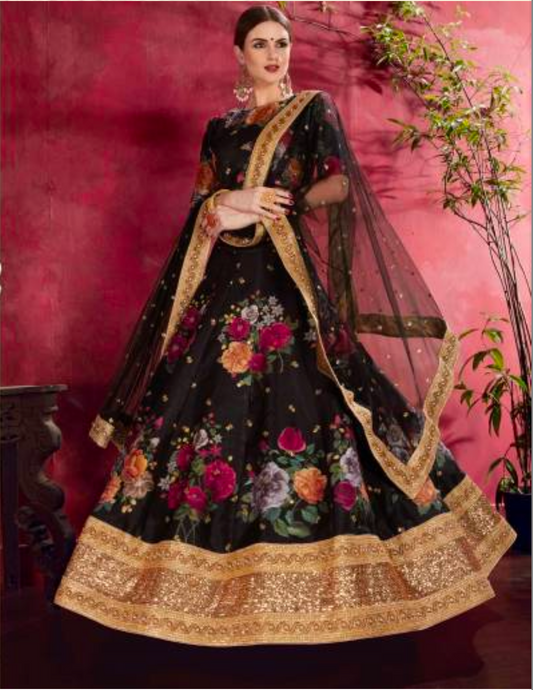 Matrut | Carnations Black Multicolor Lehenga