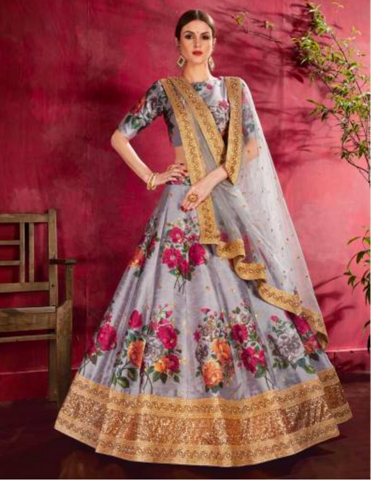 Matrut | Carnations Grey Multicolor Lehenga