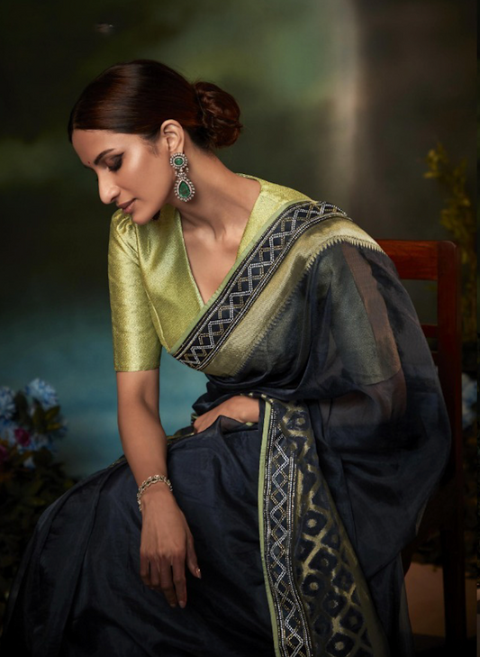 Matrut | Hit Volume Navy-Lime Saree