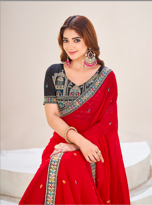 Matrut | Shubh Red-Black Saree