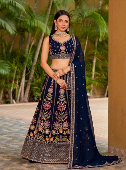 Matrut | Golden Palm Navy Blue Lehenga