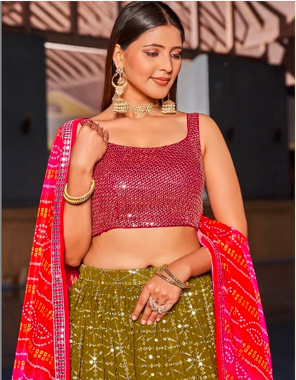 Matrut | Golden Palm Mehendi Green Lehenga