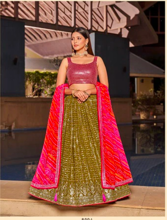 Matrut | Golden Palm Mehendi Green Lehenga