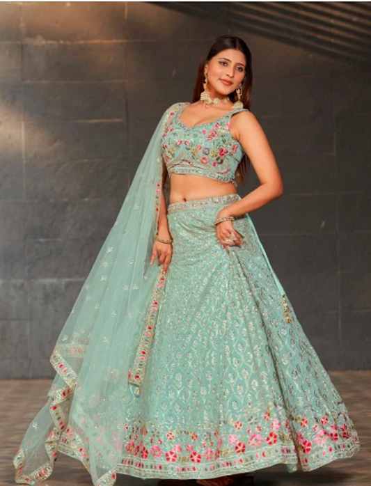 Matrut | Golden Palm Sky Blue Lehenga