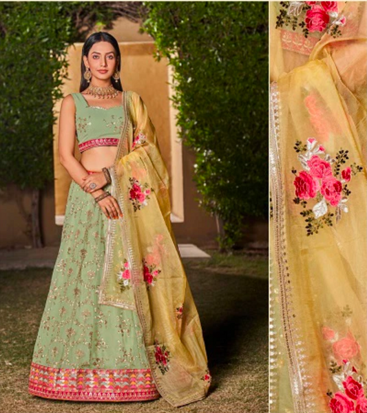 Matrut | Golden Palm Pista Green Lehenga