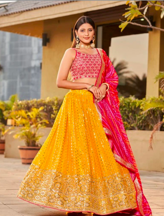 Matrut | Golden Palm Yellow-Pink Lehenga