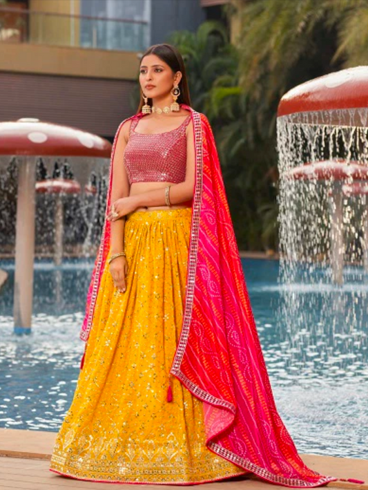 Matrut | Golden Palm Yellow-Pink Lehenga