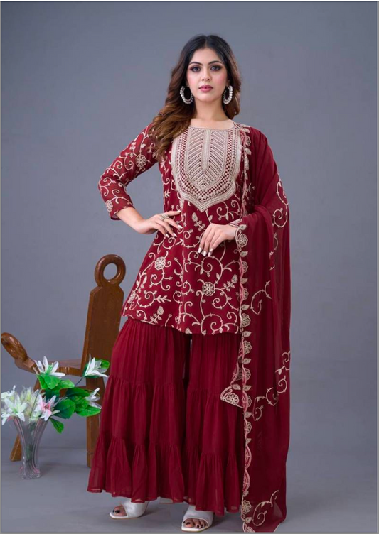 Matrut  | Sabar Maroon Palazzo Suit