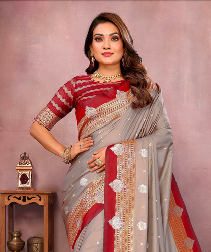 Matrut | Sanmati Taupe-Red Silk Saree