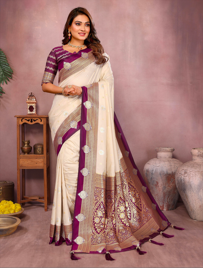 Matrut | Sanmati Ivory-Magenta Silk Saree