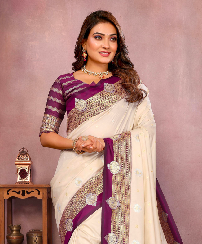 Matrut | Sanmati Ivory-Magenta Silk Saree