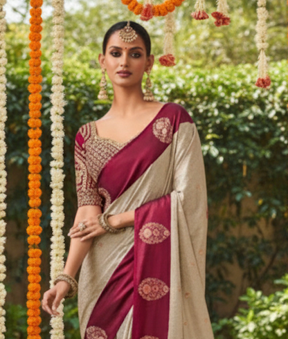 Matrut | Kalki Ivory-Burgundy Saree
