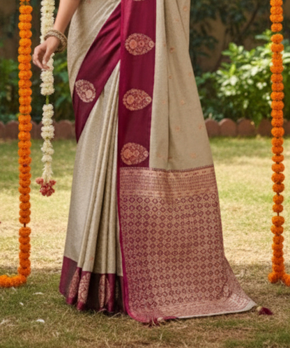 Matrut | Kalki Ivory-Burgundy Saree