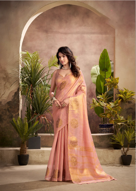Kiran Nude Pink Tissue Silk Saree